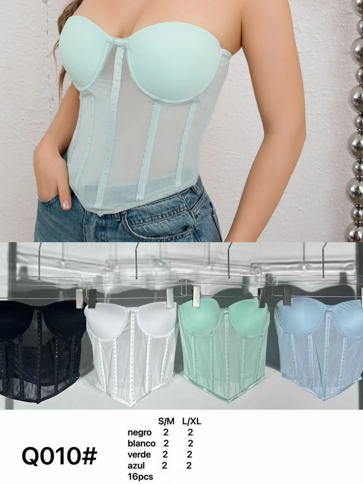 Corset de Malla con Copas y Bordado-Q010