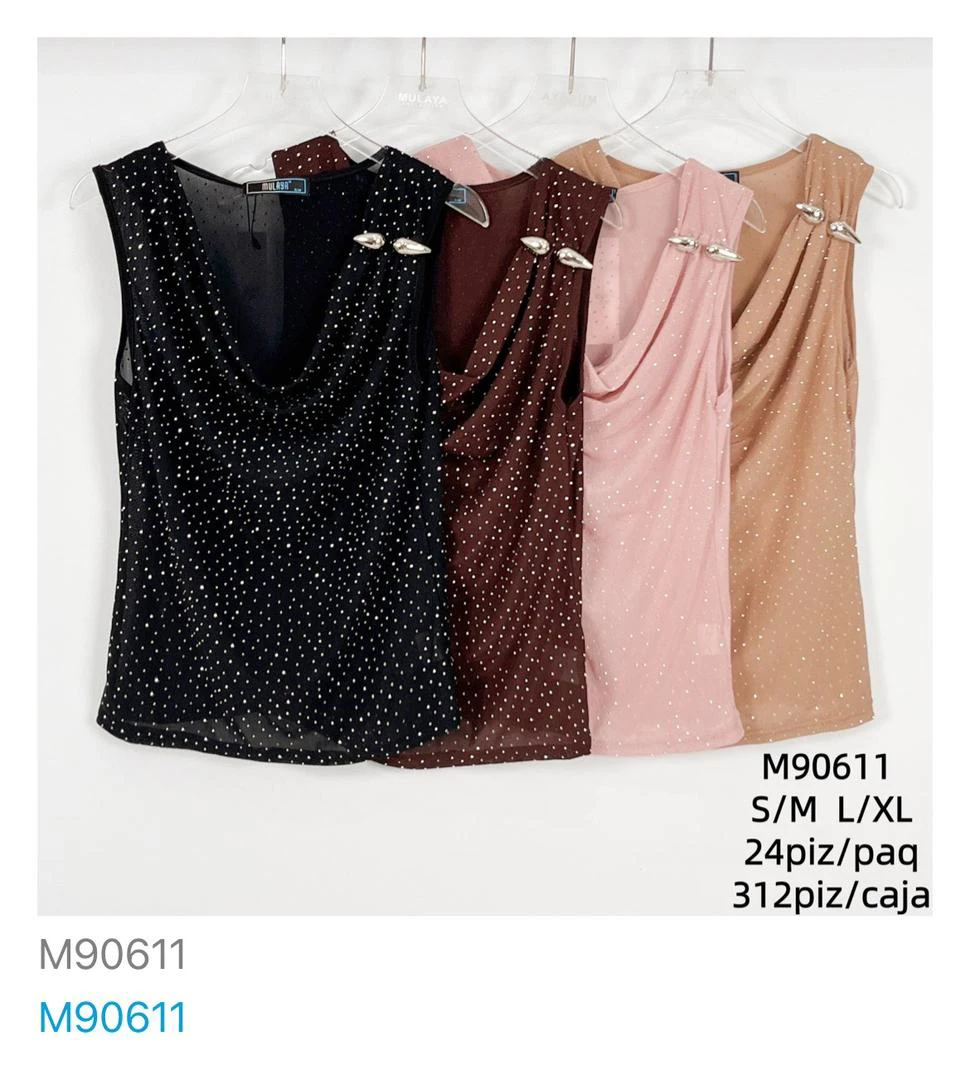 Top de lentejuelas con cuello drapeado-M90611