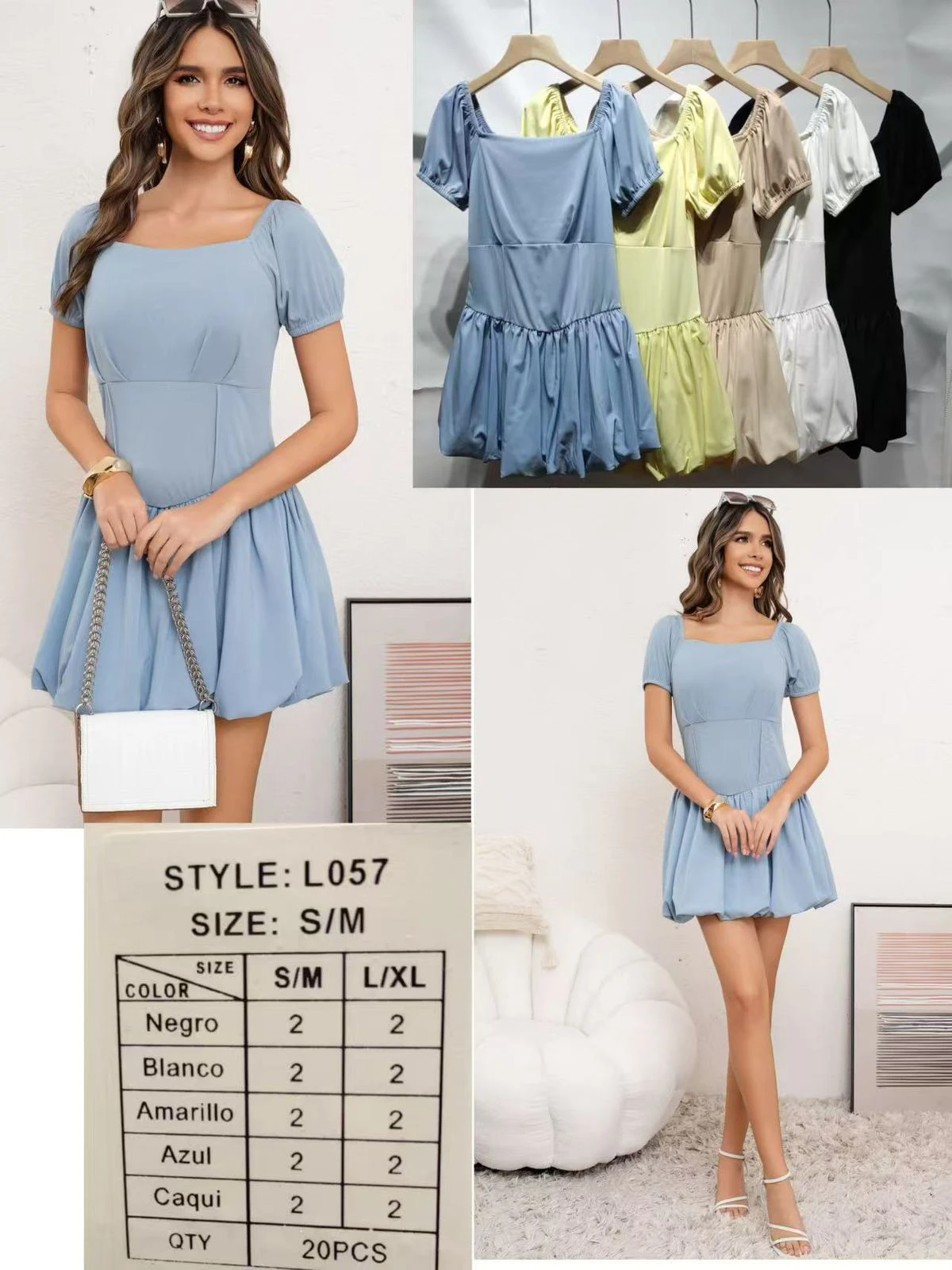 Vestido corto de manga abullonada-L057