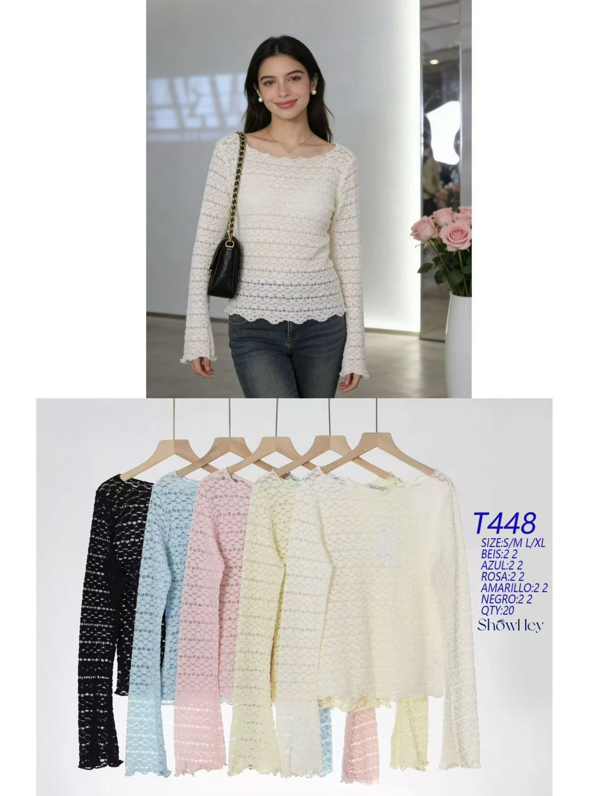 Blusa de encaje de manga larga-T448