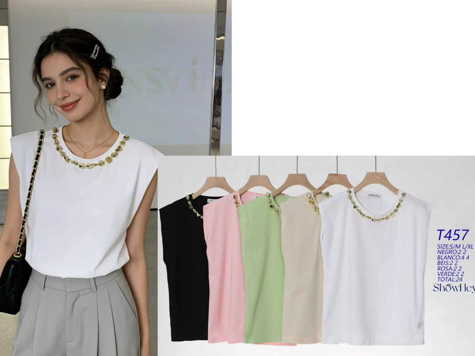 Blusa sin mangas con cuello decorado-T457