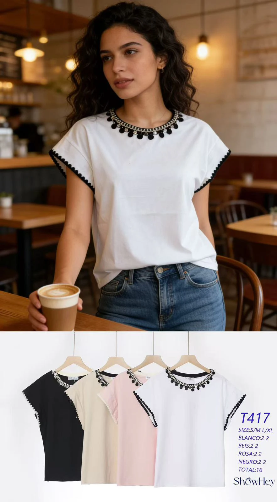Playera de manga corta con cuello y mangas decoradas-T417