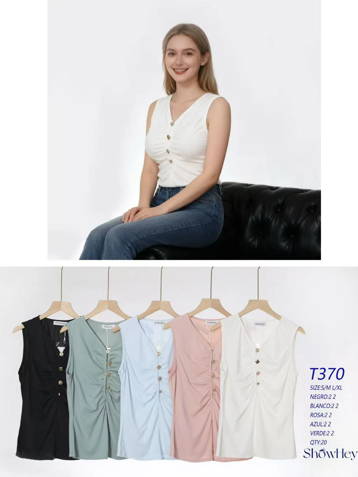 Top fruncido con botones sin mangas-T370