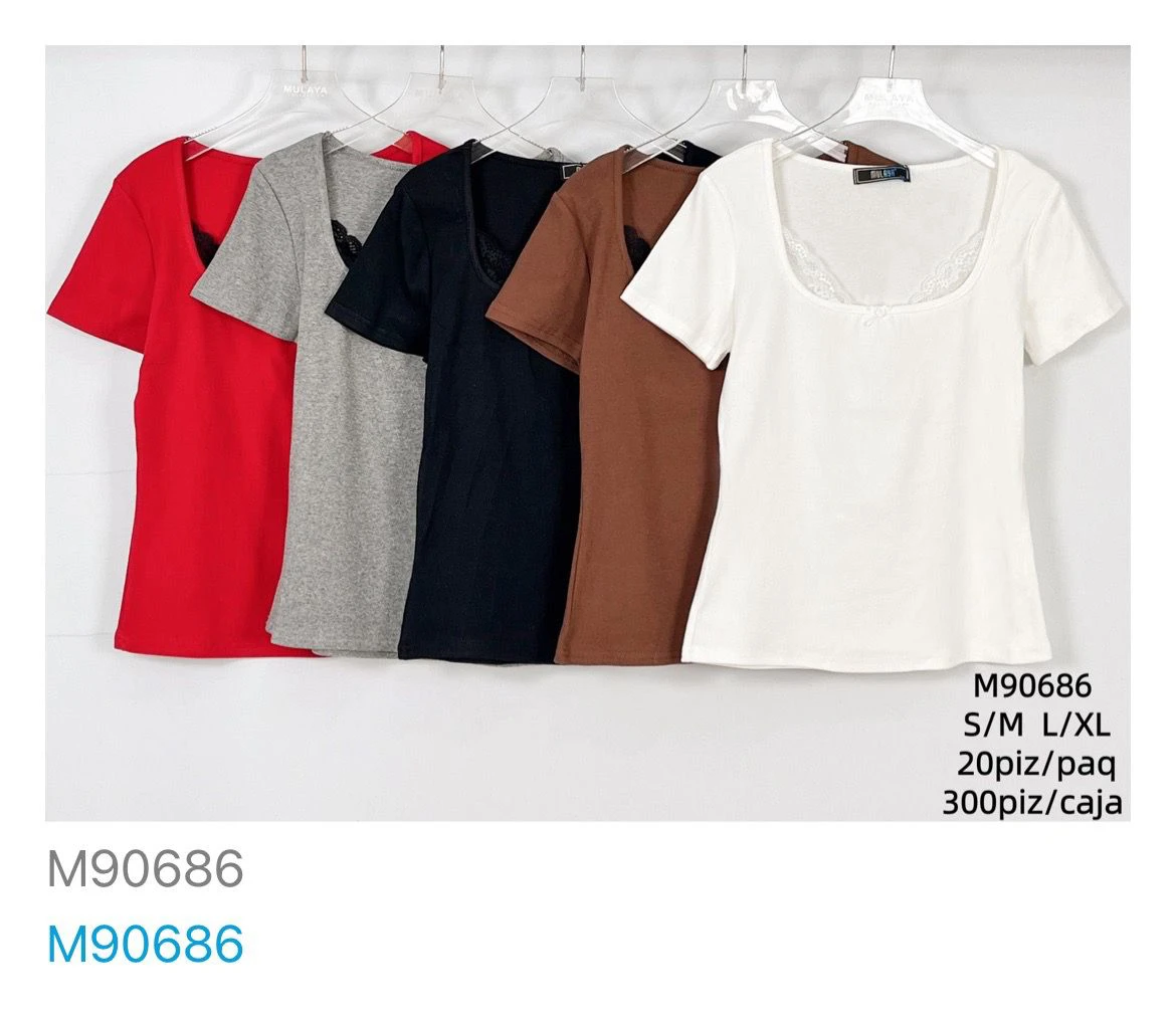 Blusa de manga corta con escote cuadrado y encaje-M90686