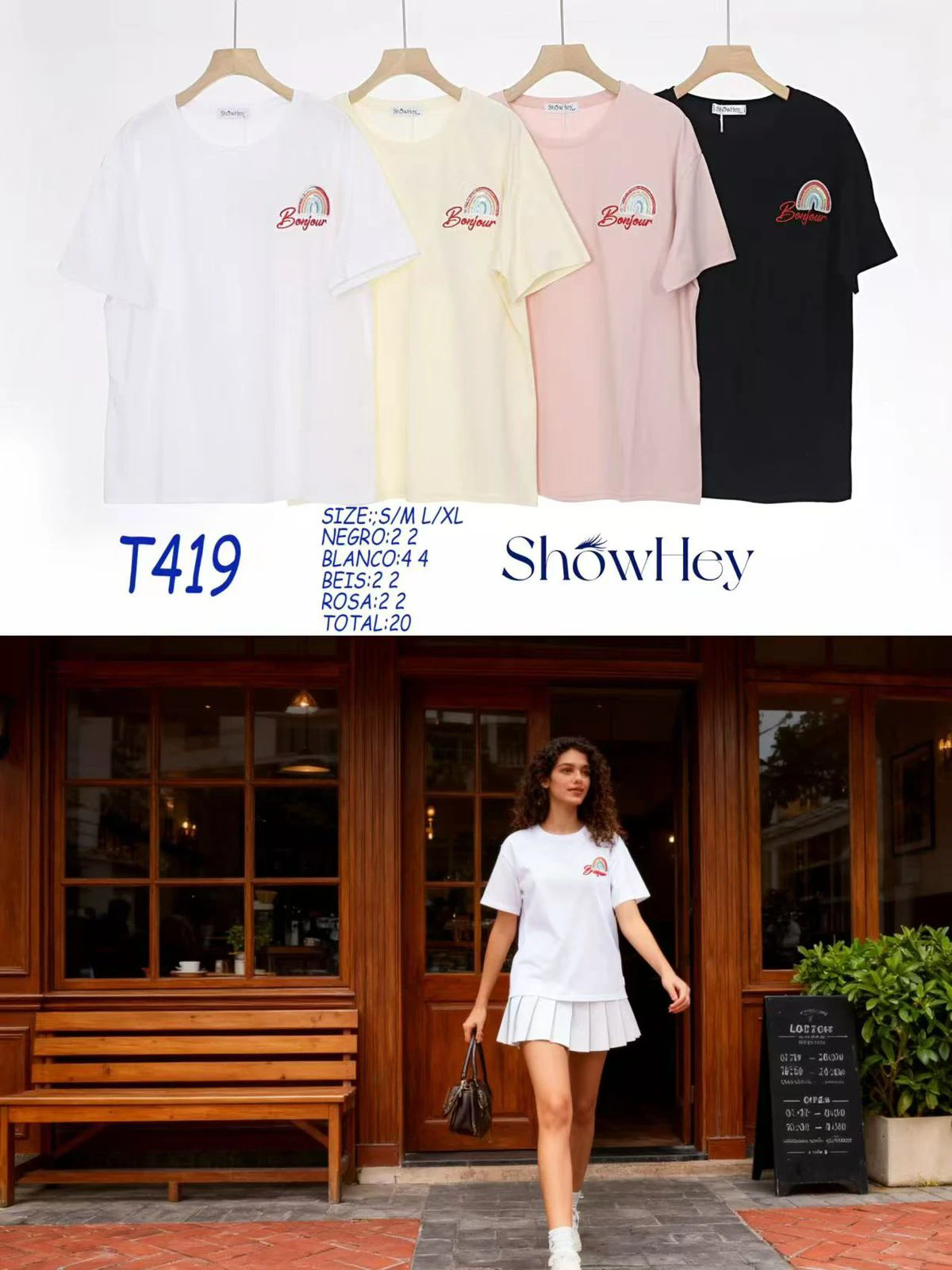Playera con estampado de arcoíris y ‘Bonjour’-T419