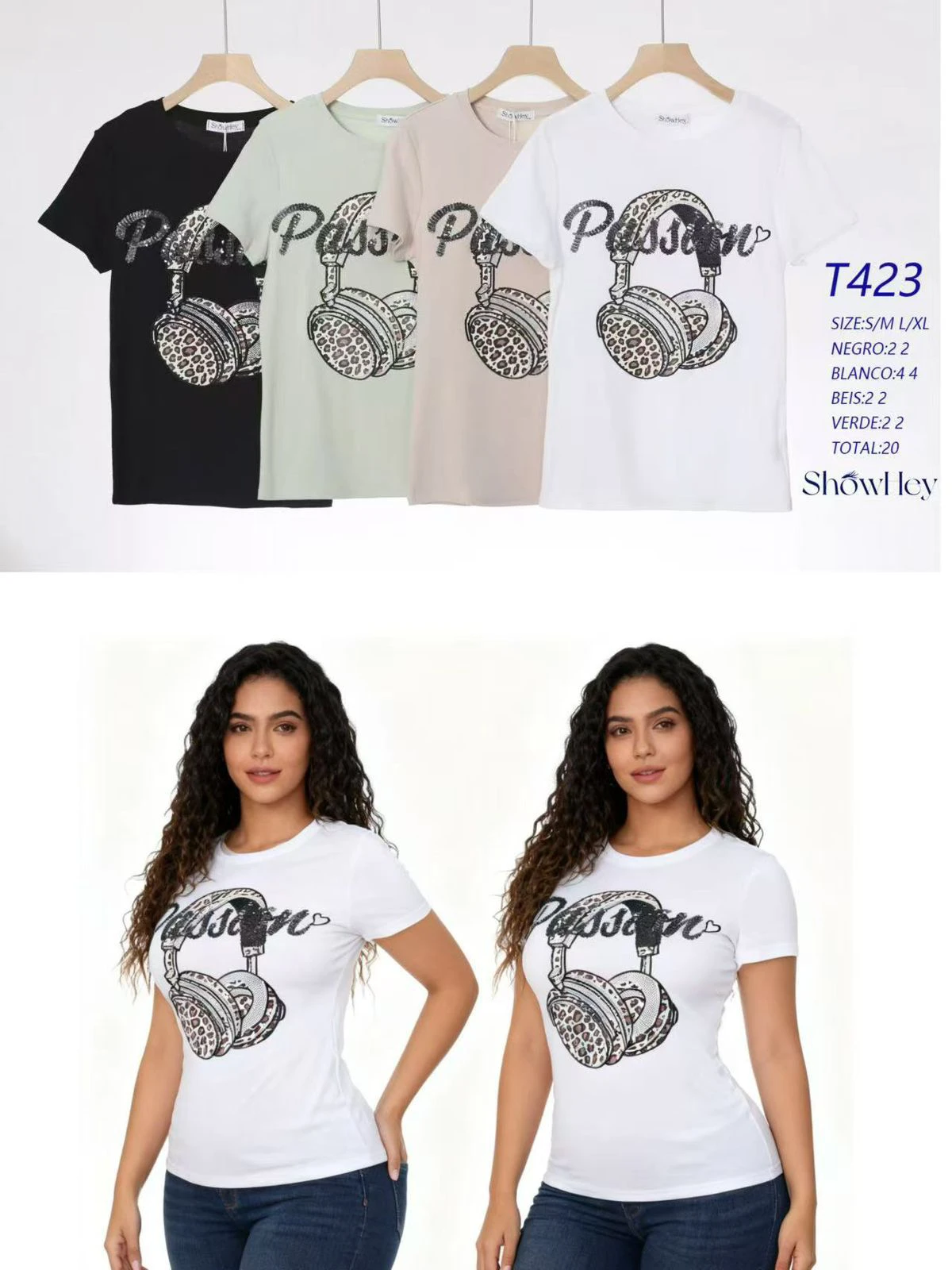 Playera de cuello redondo con estampado de audífonos y lentejuelas-T423