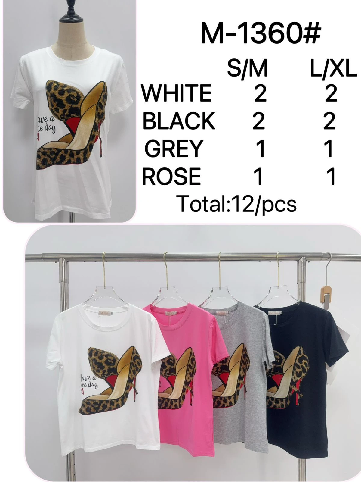 Playera de manga corta con estampado de tacones de leopardo-M-1360