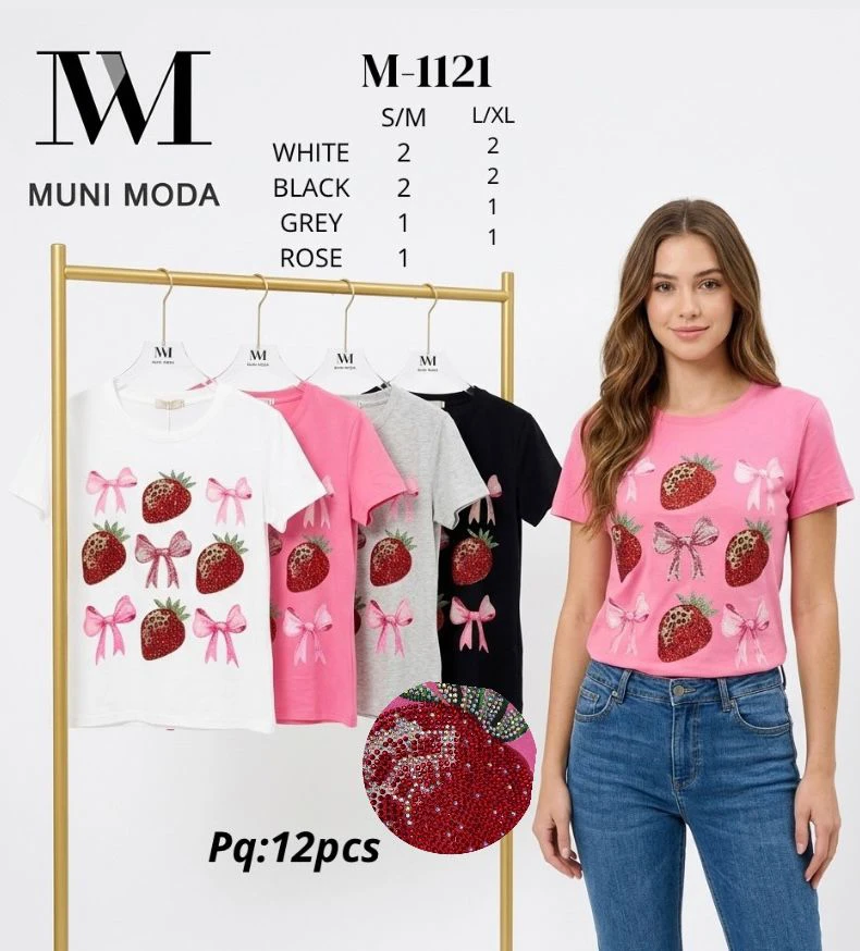 Playera estampado de fresas y moños de strass-M-1121