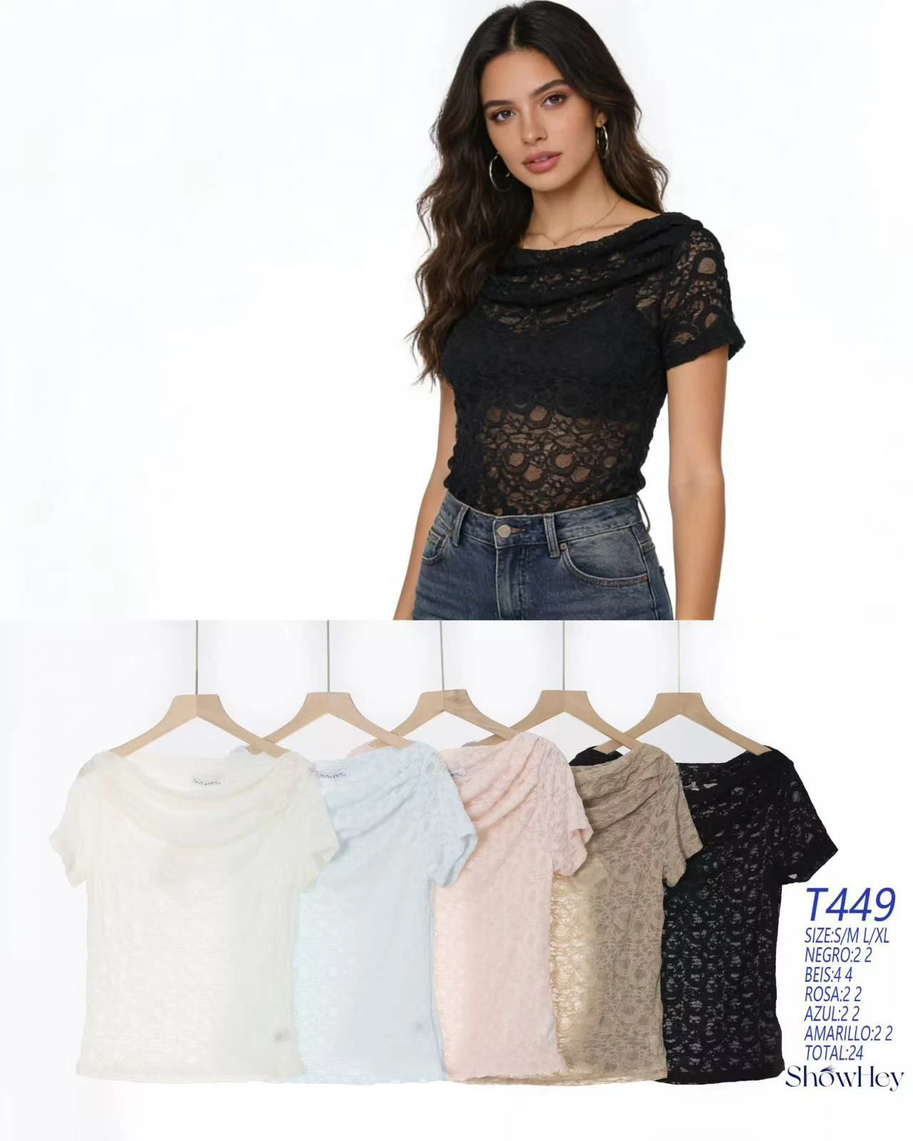 Blusa de encaje de manga corta con cuello drapeado-T449