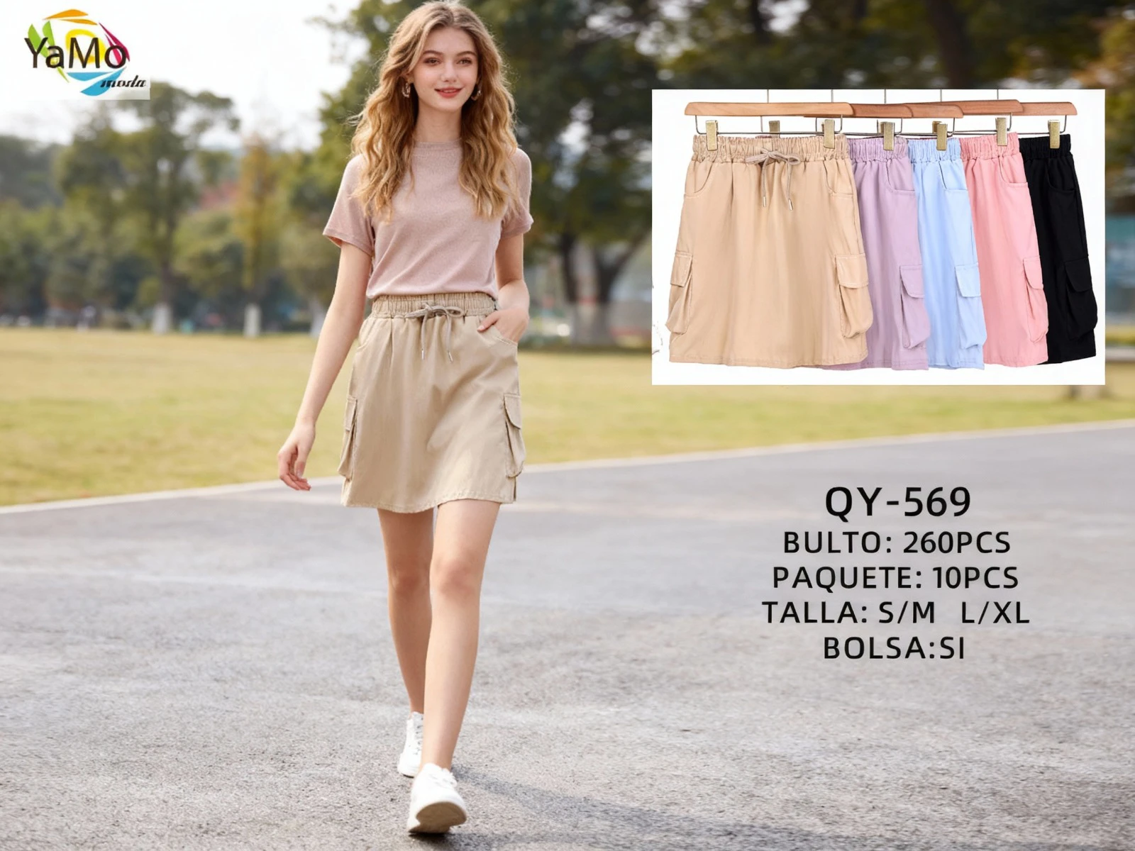 Falda mini cargo con cintura elástica-QY569