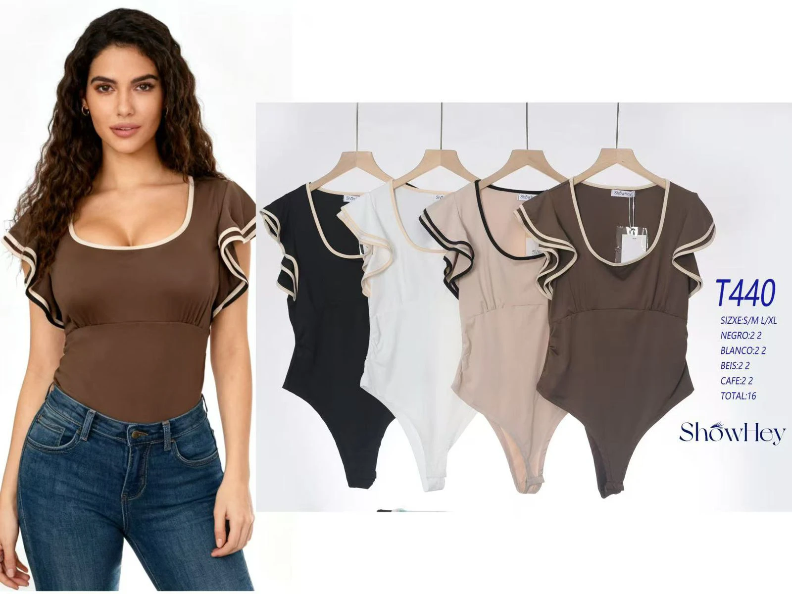Body de mujer con mangas de volantes y ribetes-T440