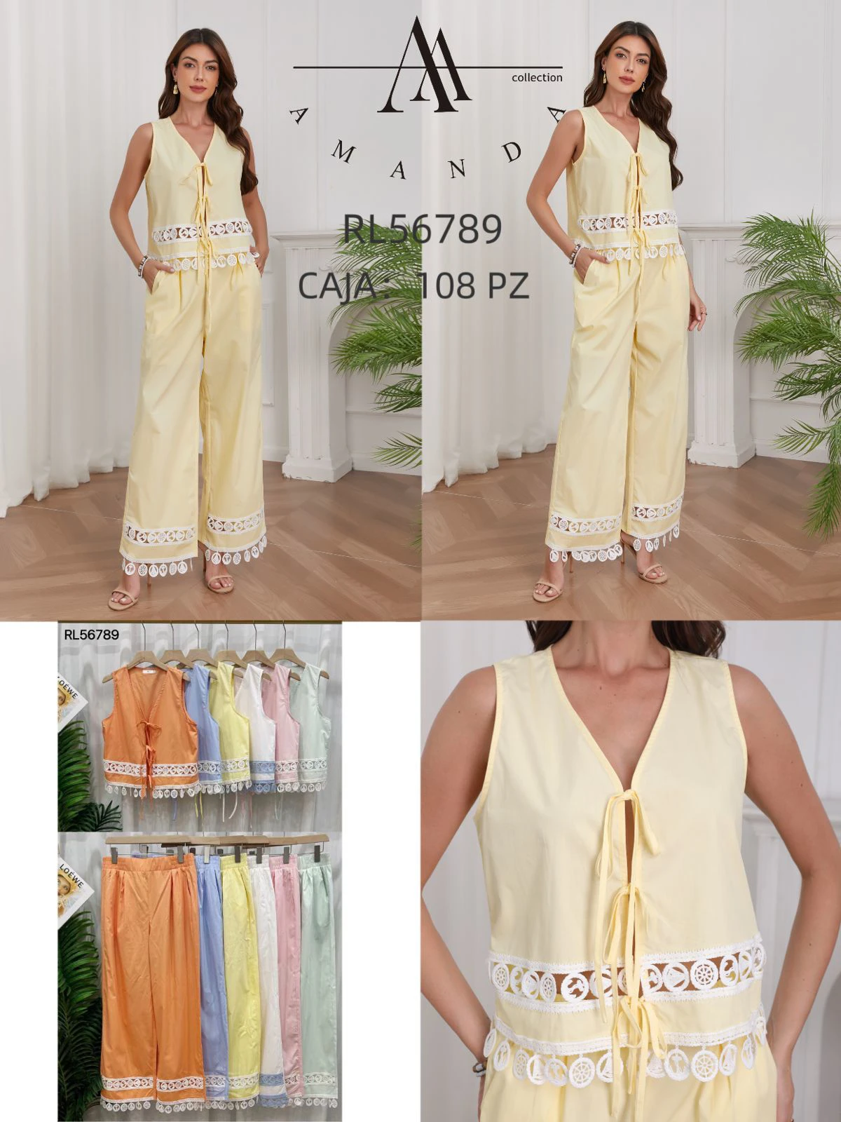 Conjunto de Top de Sisas y Pantalón Holgado con Encaje-RL56789