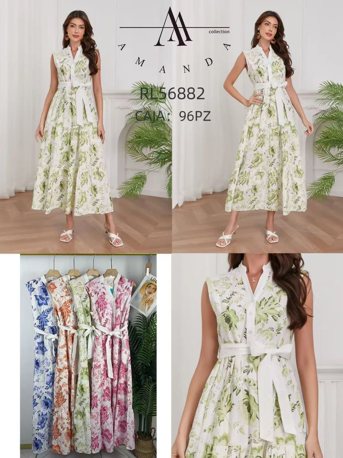 Vestido largo floral con cinturón-RL56882