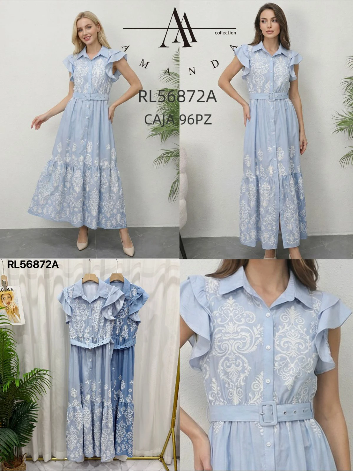 Vestido largo con bordado y manga con volantes-RL56872A
