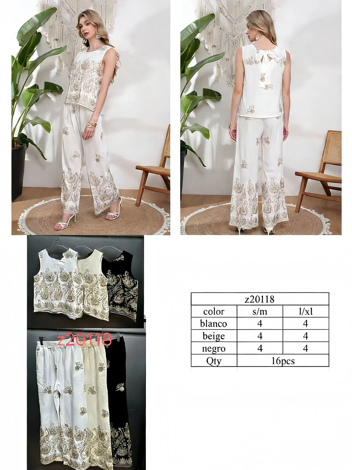 Conjunto de Top Sin Mangas y Pantalones Palazzo Bordados-Z20118