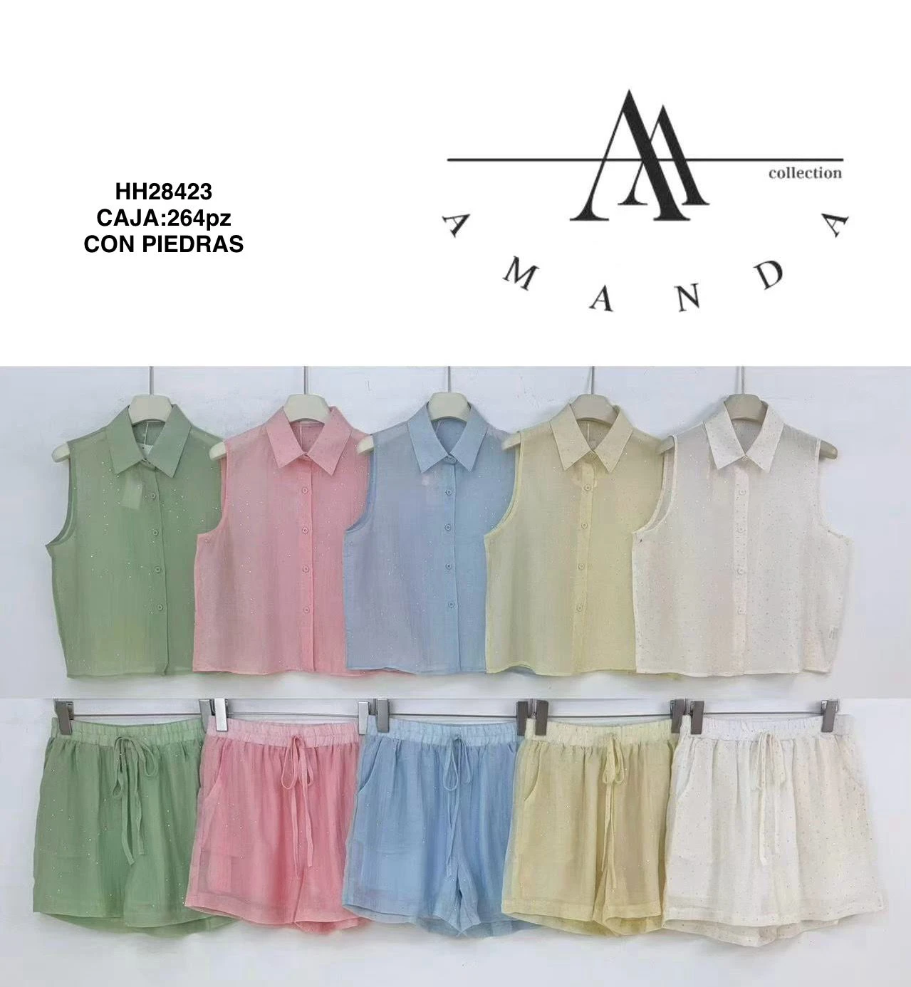 Conjunto de Blusa sin Mangas y Shorts con Pedrería-HH28423