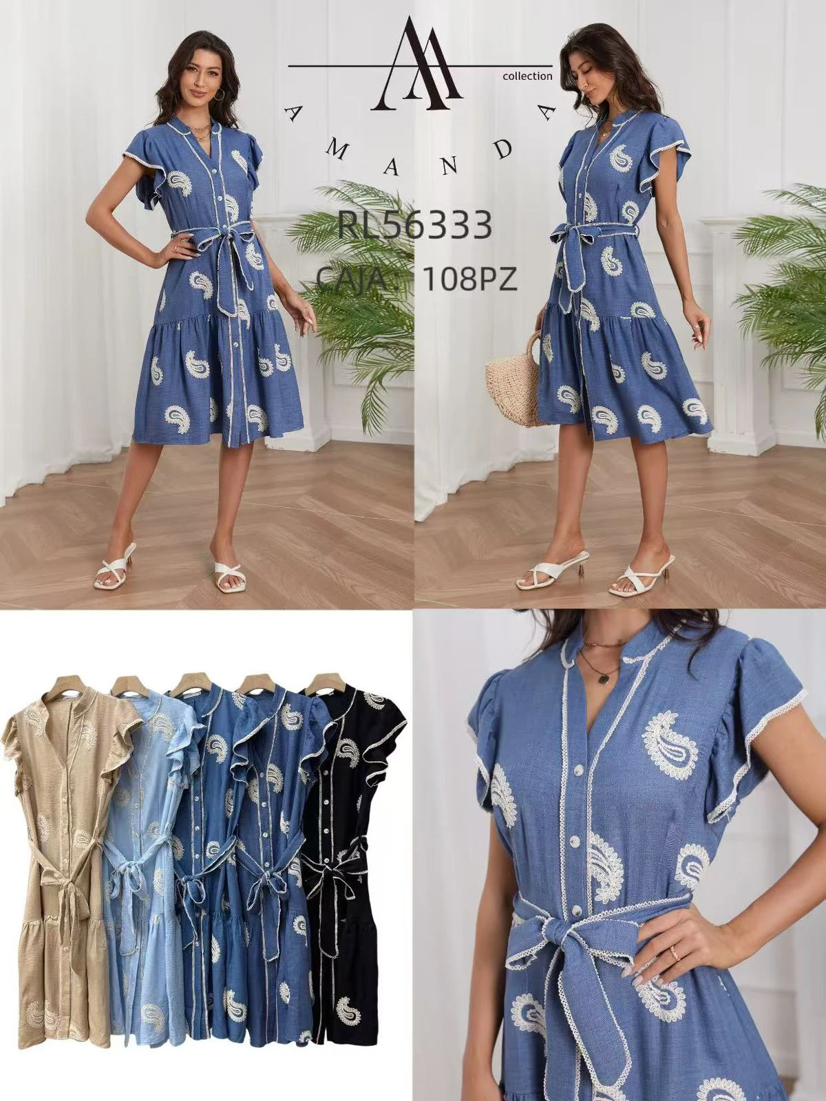 Vestido camisero de manga corta con estampado paisley y cinturón-RL56333