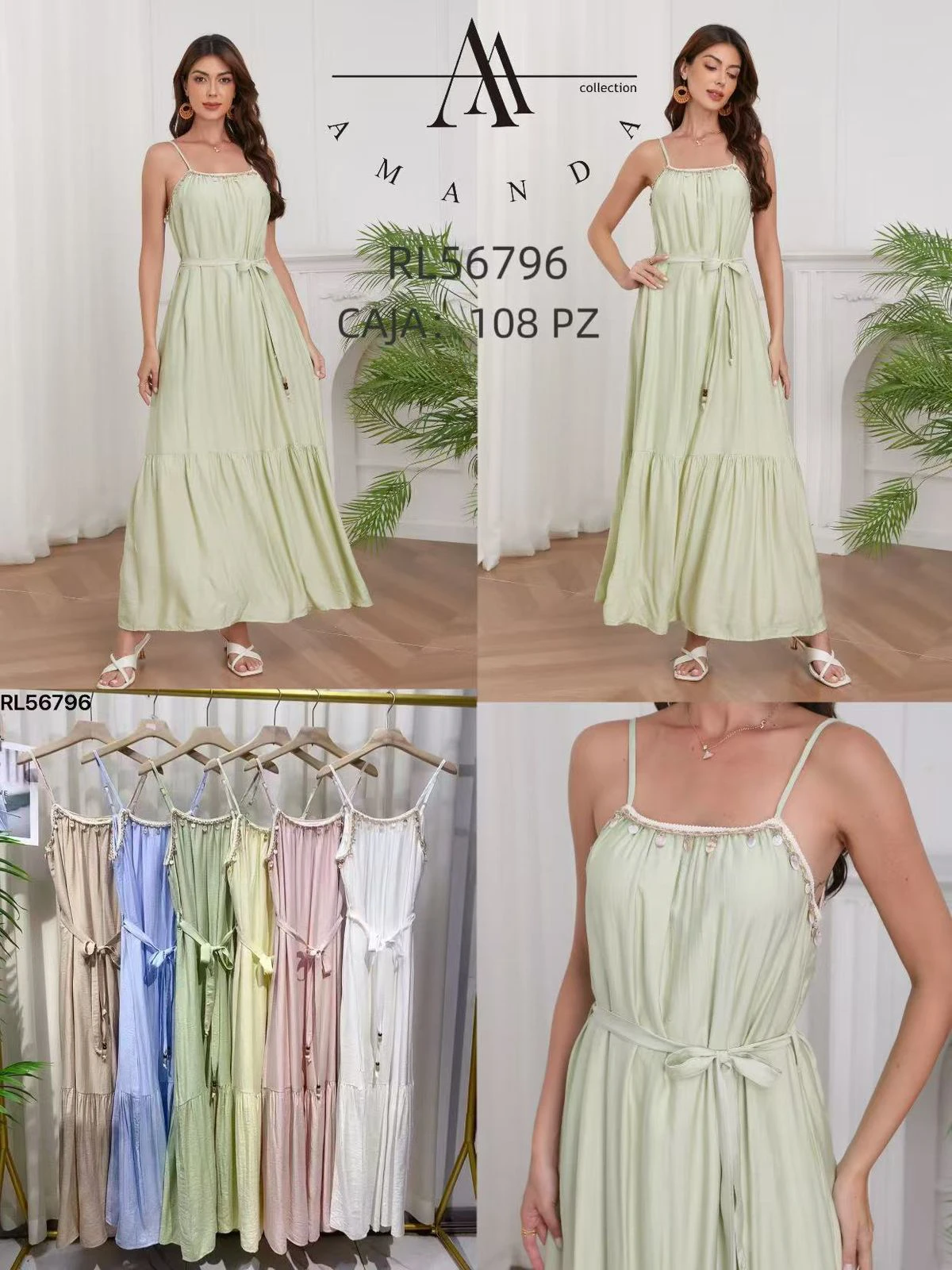 Vestido largo de tirantes con detalle en el escote y cinturón-RL56796