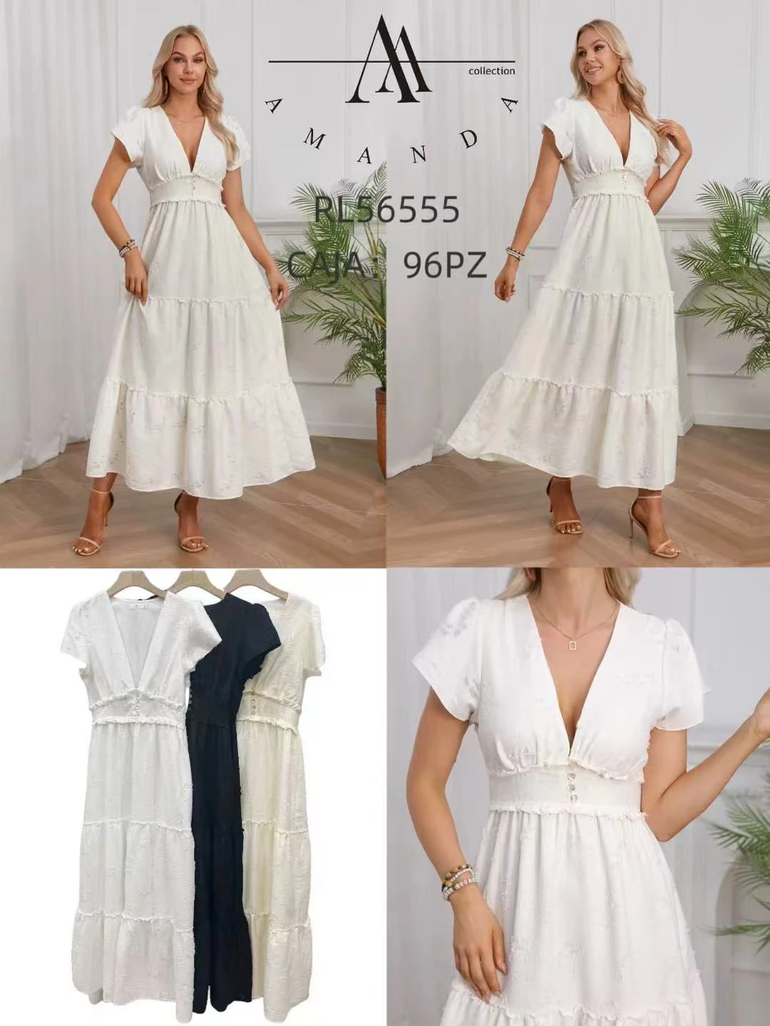 Vestido largo escalonado de cuello en V con mangas cortas-RL56555