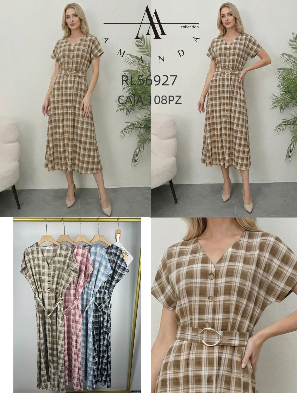 Vestido midi de cuadros con cinturón y botones-RL56927
