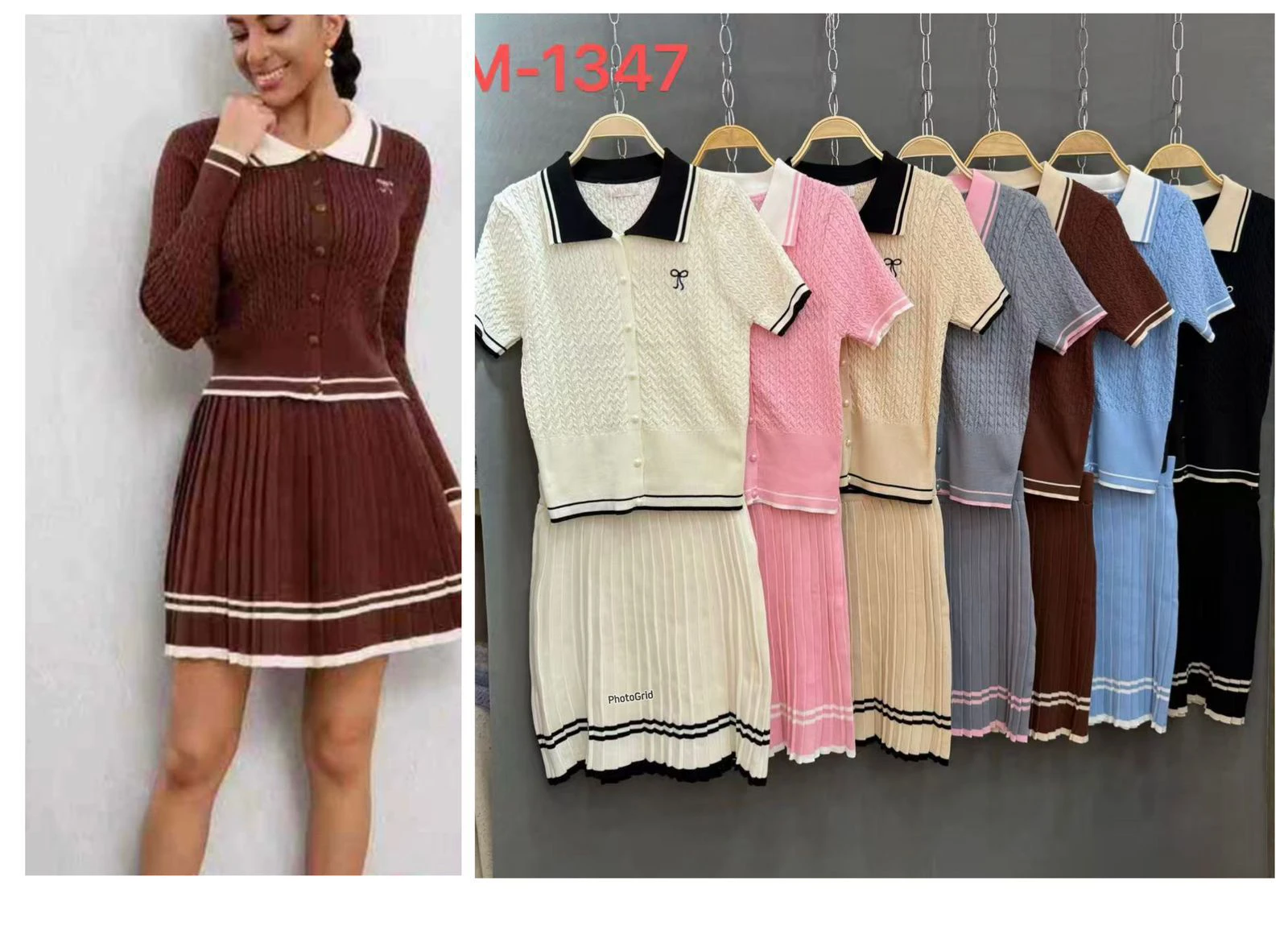 Conjunto de suéter de punto con falda plisada-M-1347