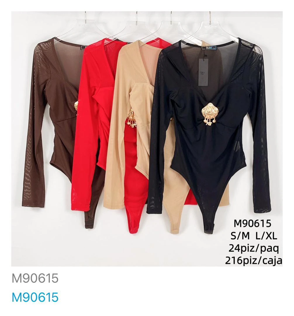 Bodysuit de manga larga con escote V y broche-M90615
