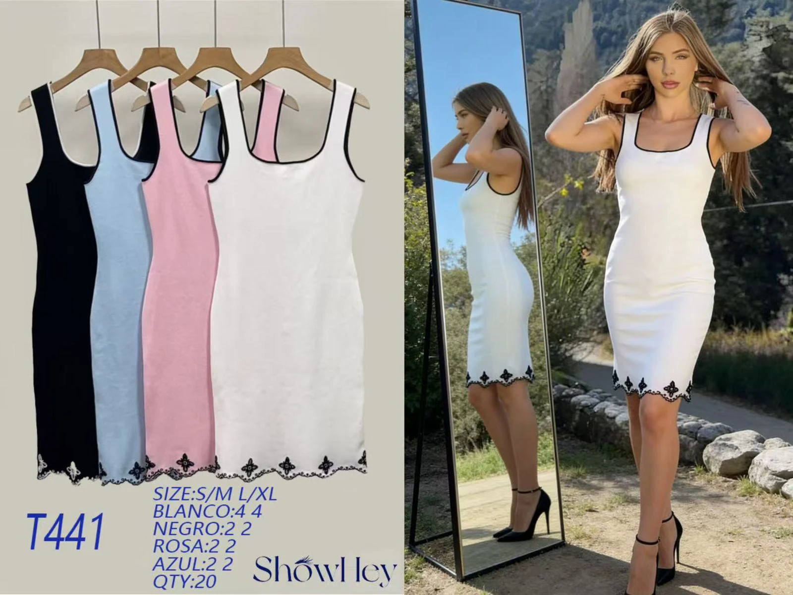 Vestido ajustado con tirantes y bordado en el dobladillo-T441