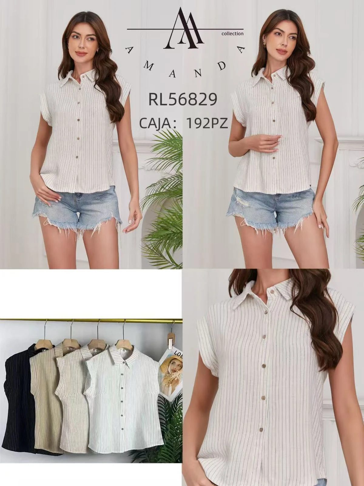 Camisa de manga corta con cuello y rayas-RL56829