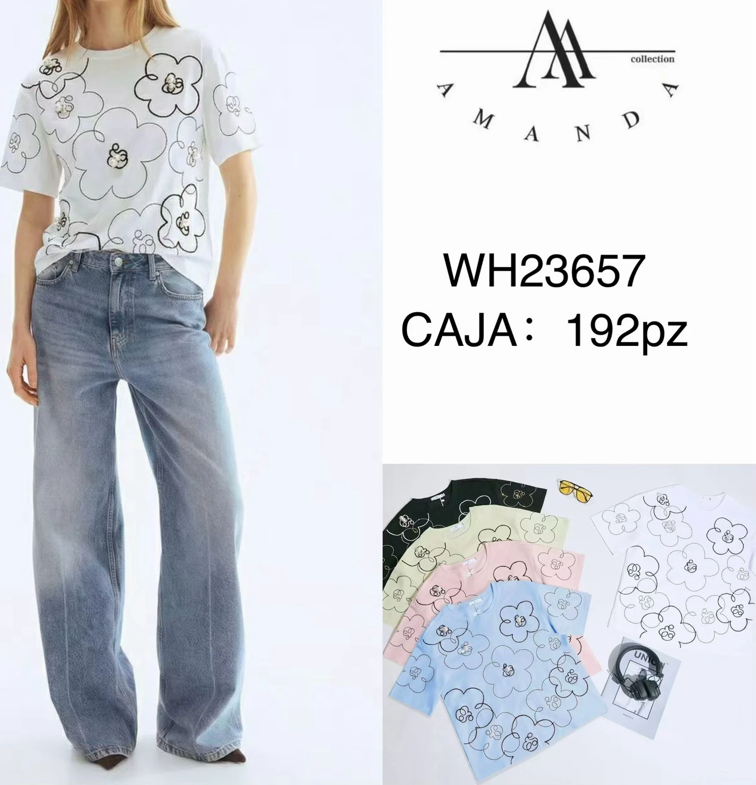 Playera con diseño floral de manga corta-WH23657