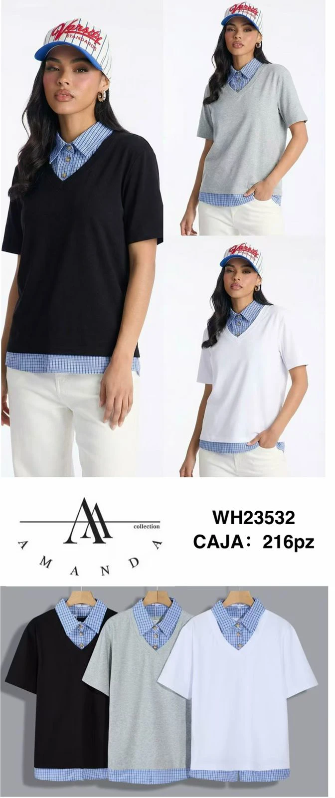 Playera de cuello V con capa de camisa a cuadros-WH23532