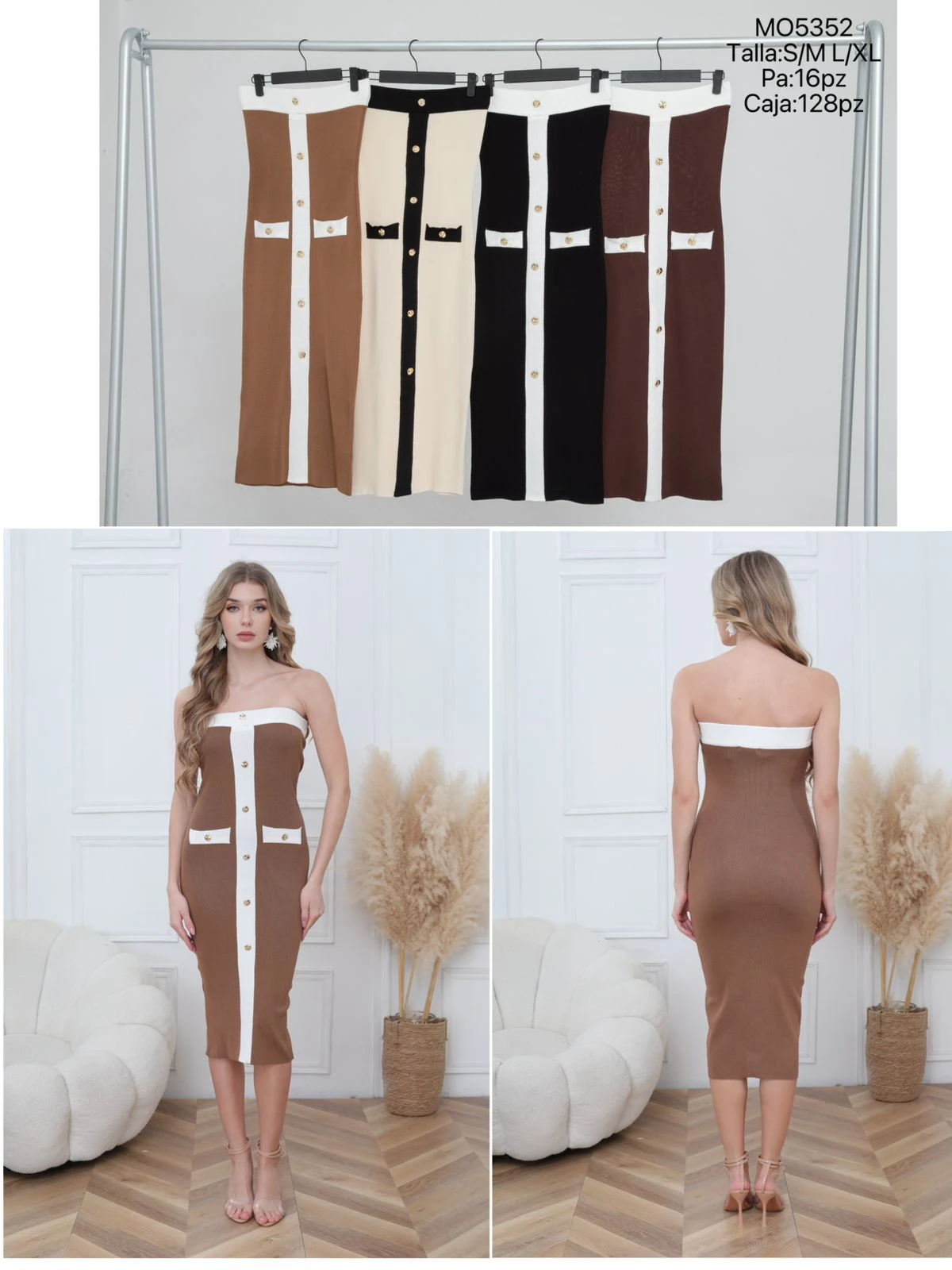 Vestido Midi Strapless con Botones Decorativos-MO5352