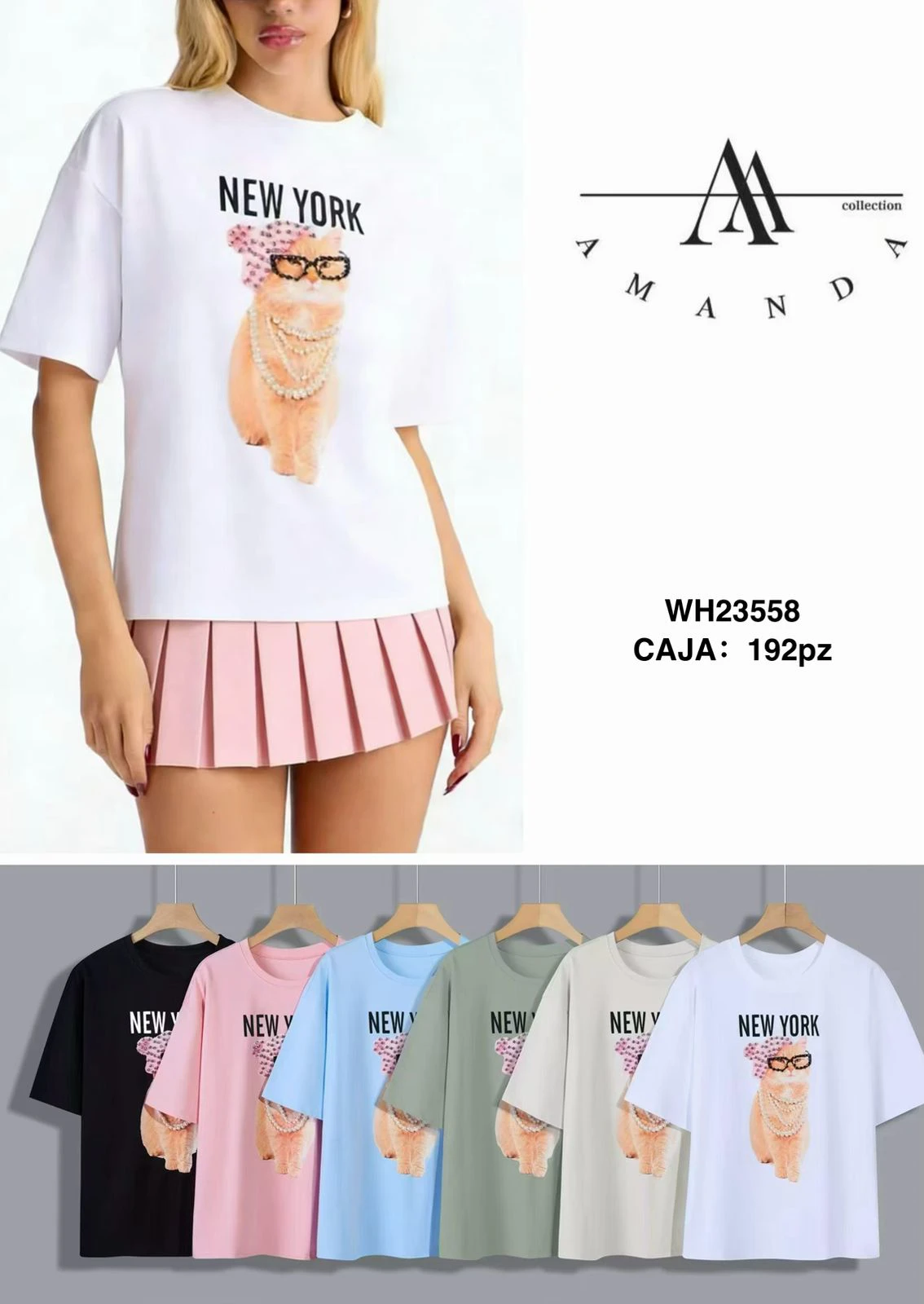 Playera de algodón con estampado de gato ‘NEW YORK’-WH23558