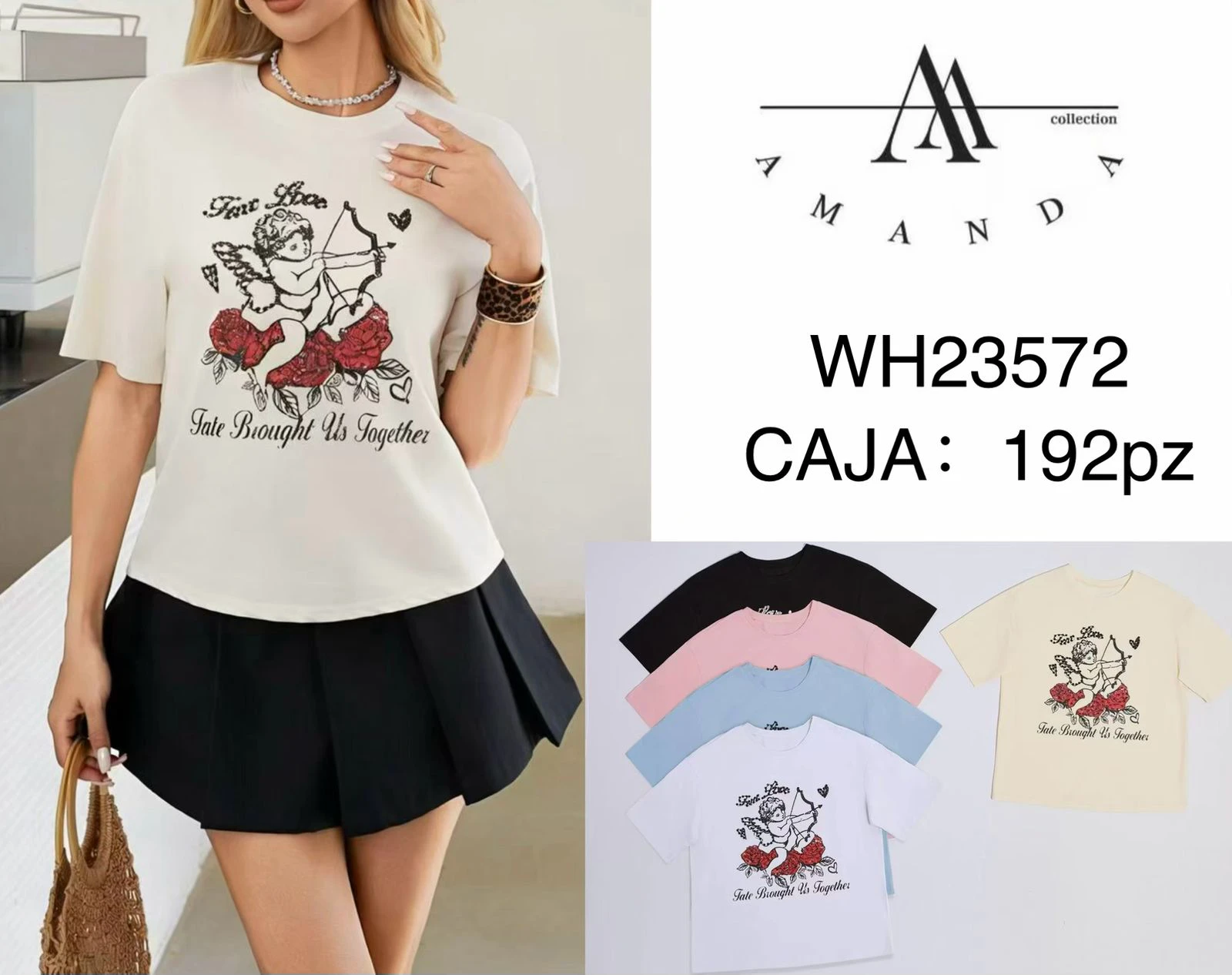 Playera de manga corta con estampado de ángel y rosas-WH23572