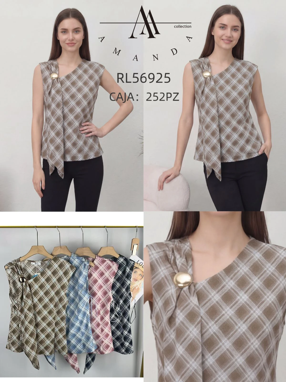 Blusa de tirantes con diseño de cuadros y broche decorativo-RL56925