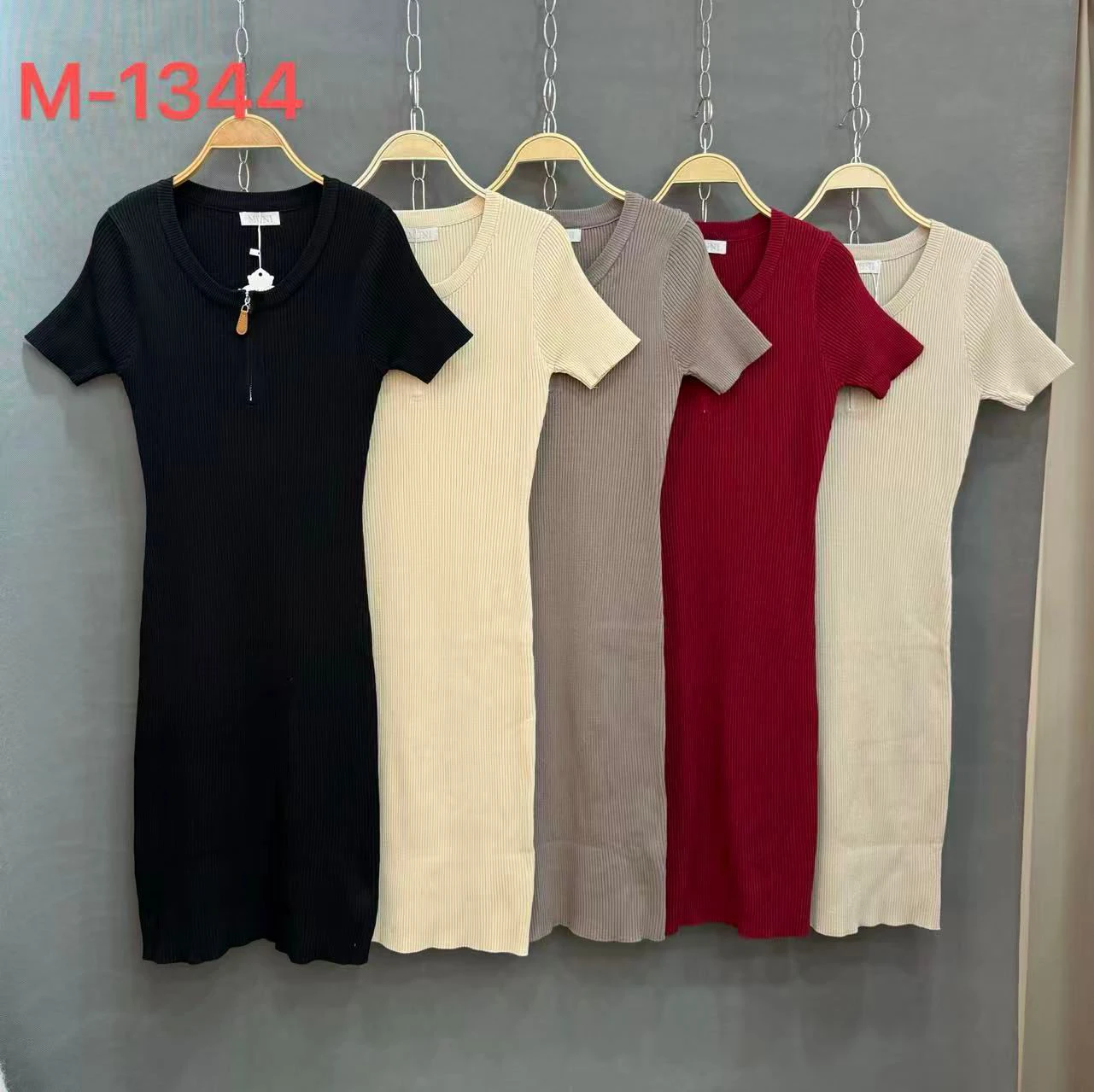 Vestido acanalado de manga corta-M-1344