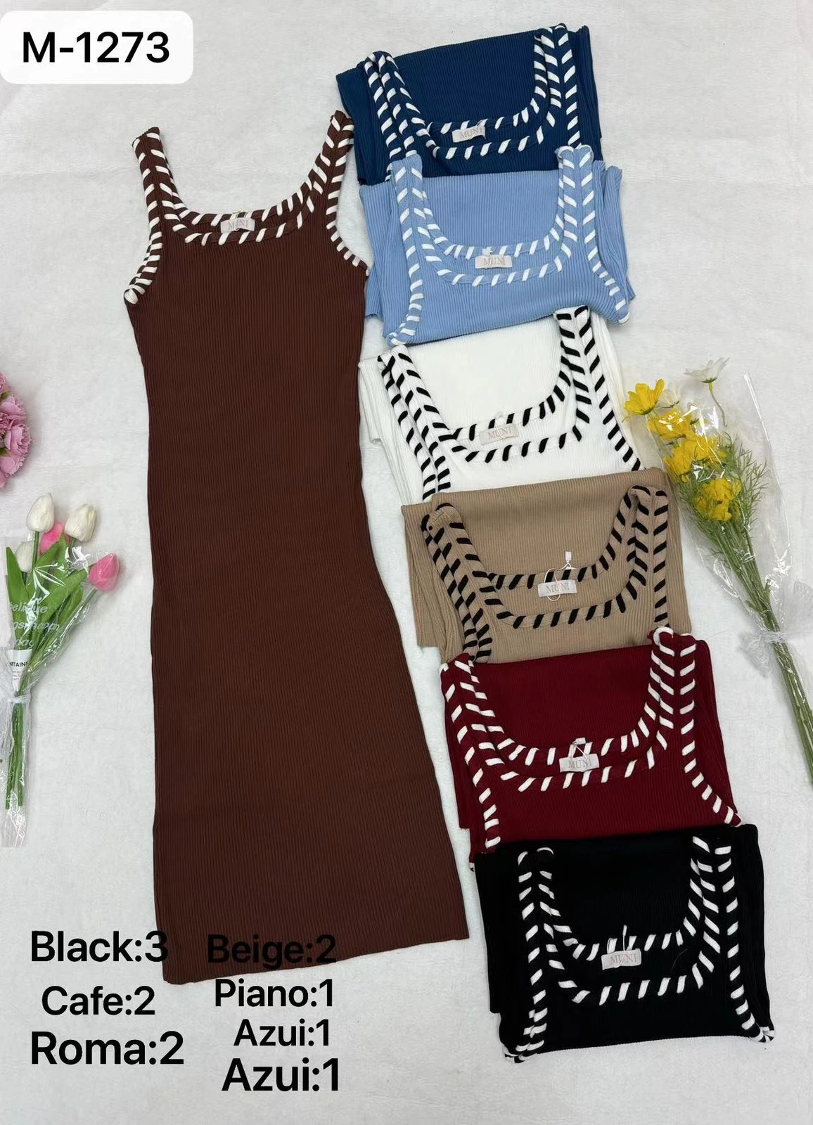 Vestido largo de canalé con costuras decorativas-M-1273