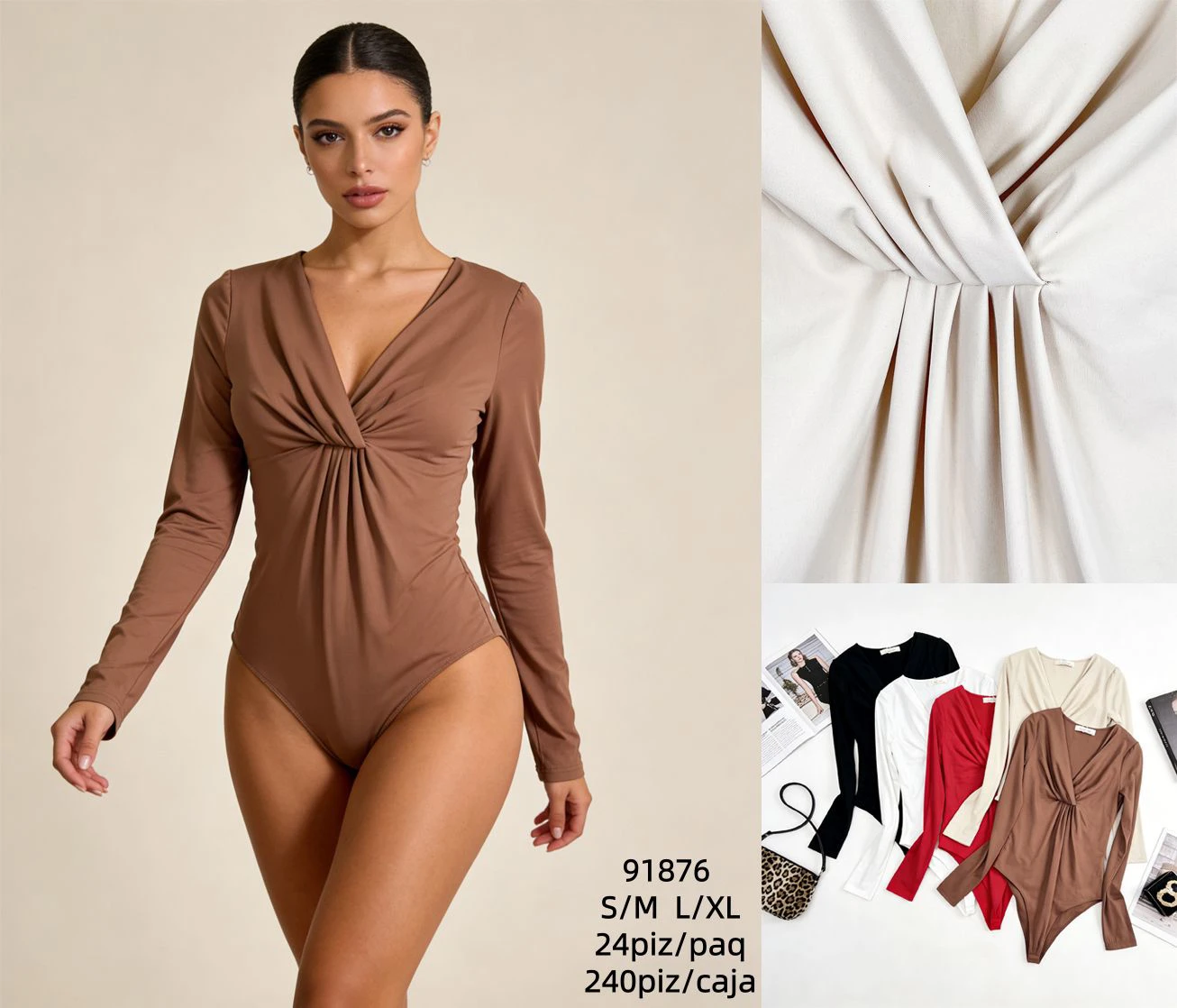 Body de manga larga con cuello V y detalle anudado-91876