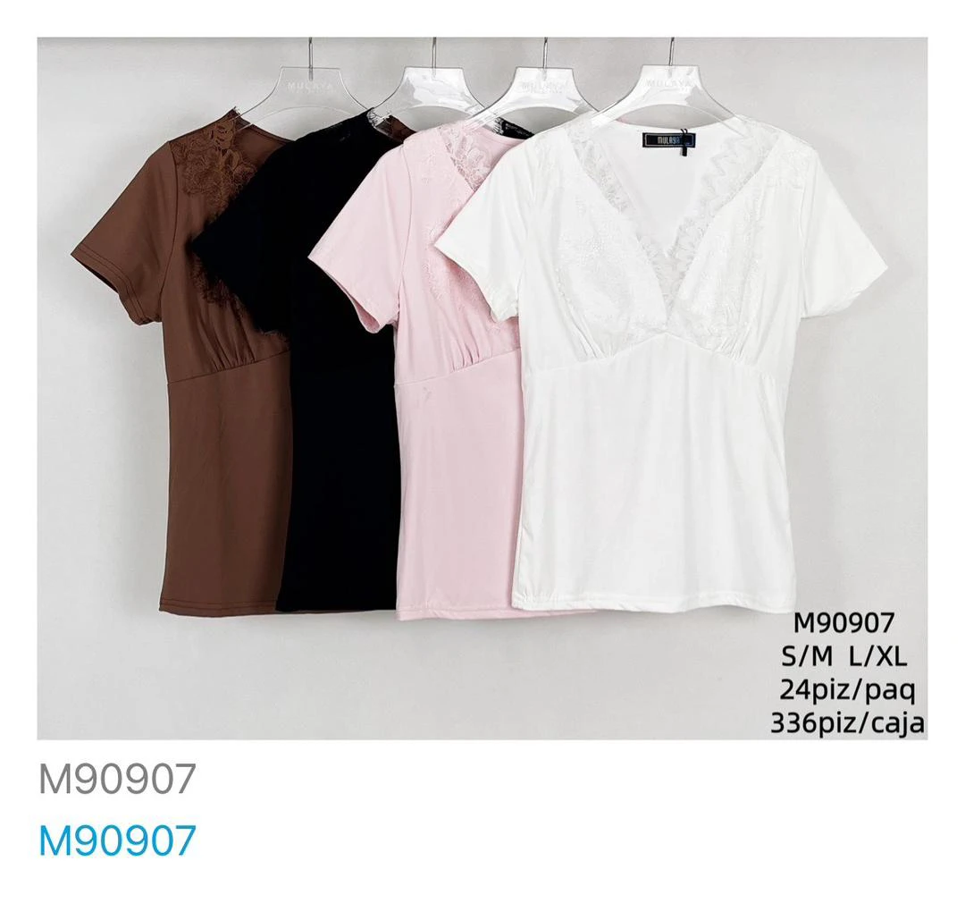 Blusa de manga corta con encaje-M90907