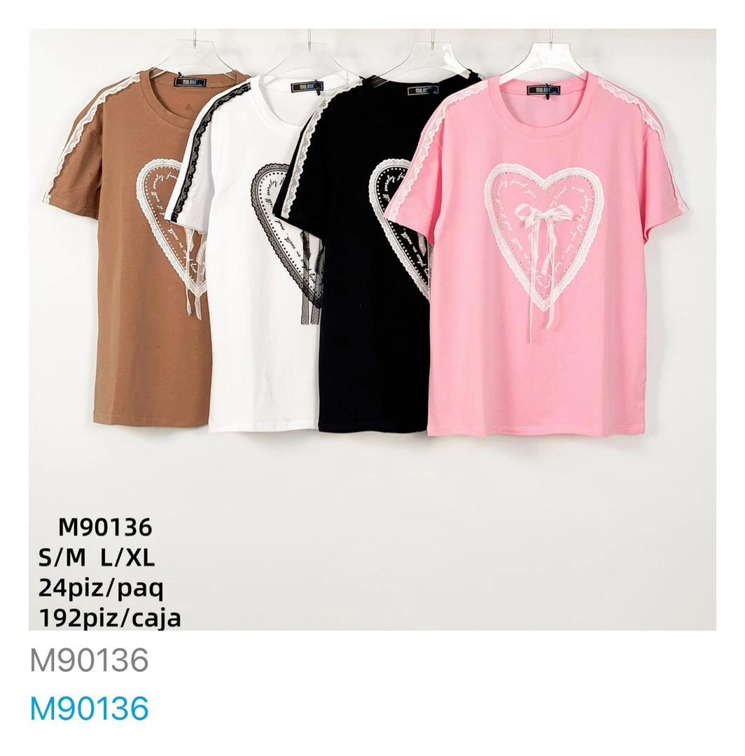 Playera con corazón de encaje y moño-M90136