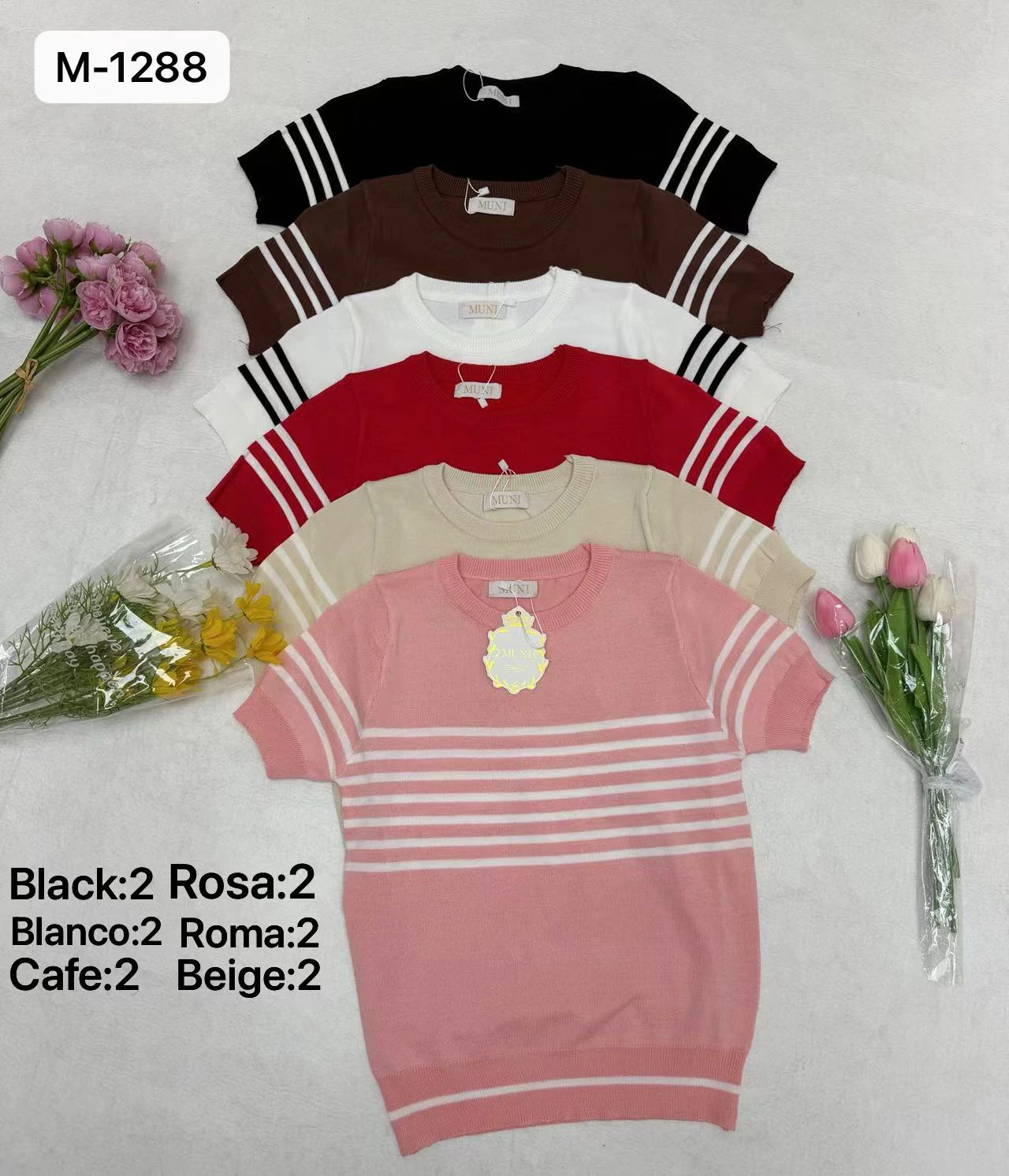 Blusa de manga corta con rayas-M-1288