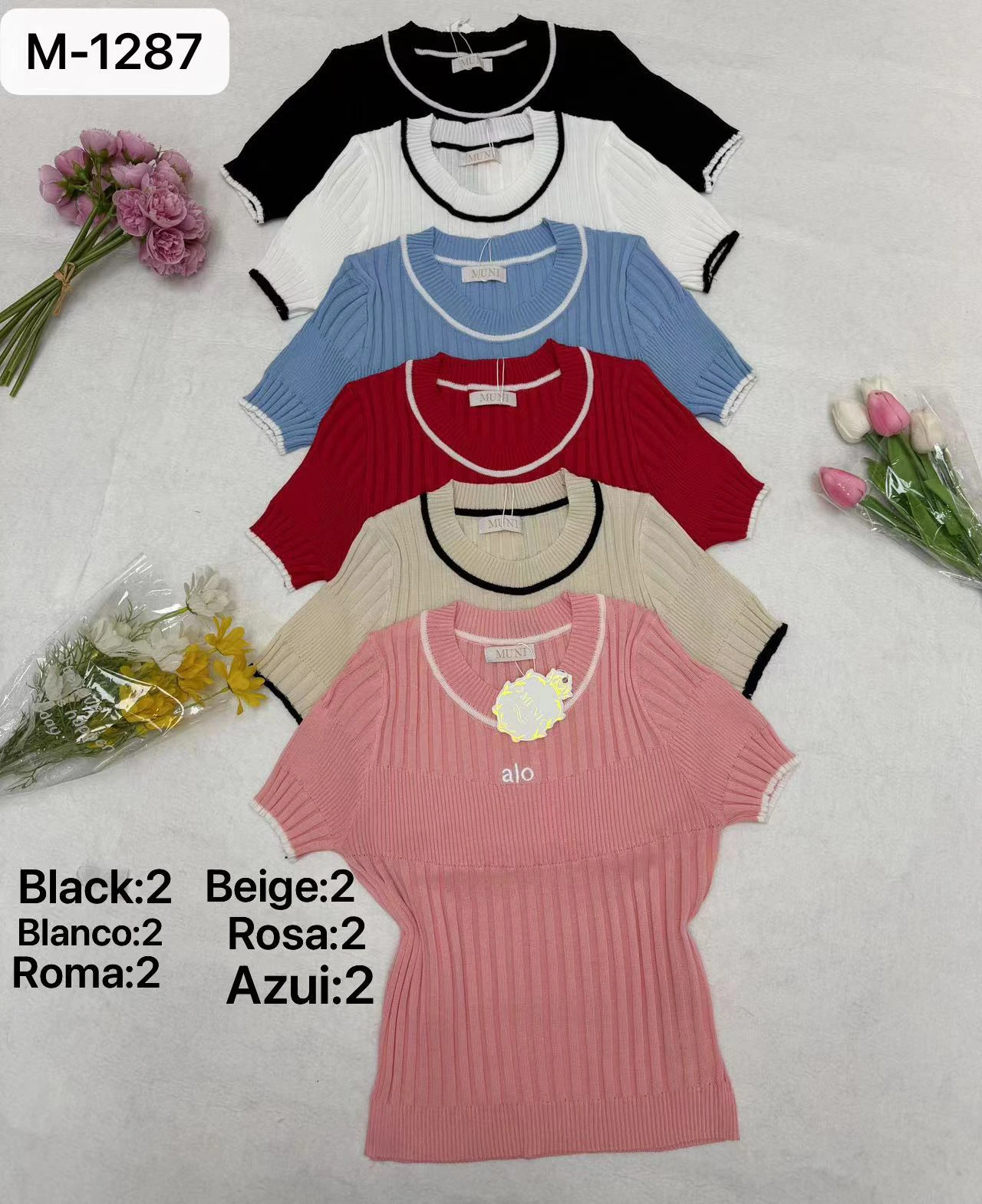Blusa de punto acanalado de manga corta-M-1287