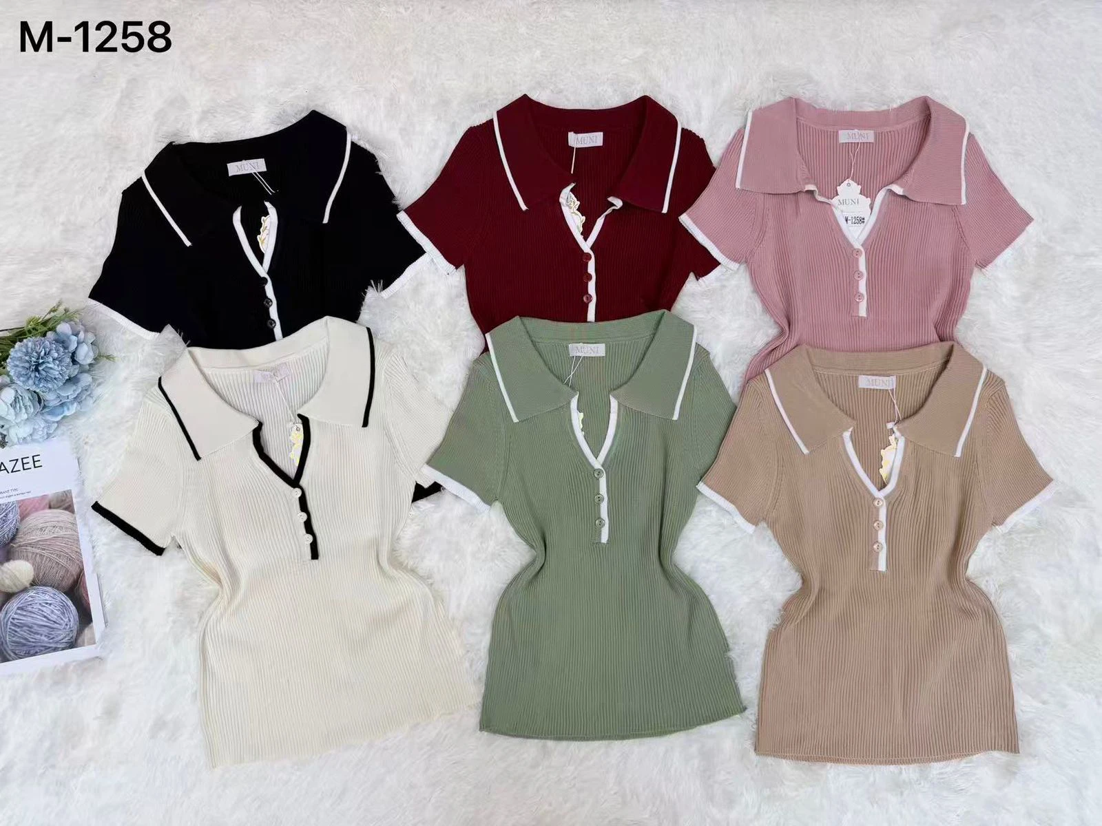 Blusa de punto con cuello y botones-M-1258