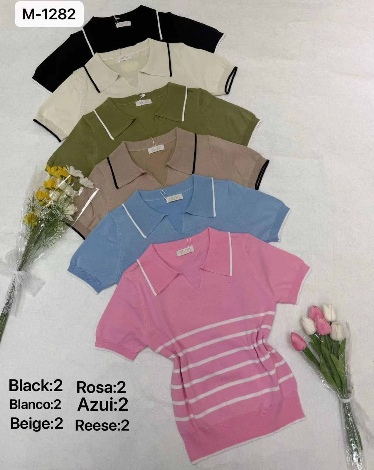 Blusa de Punto de Manga Corta con Cuello Polo-M-1282