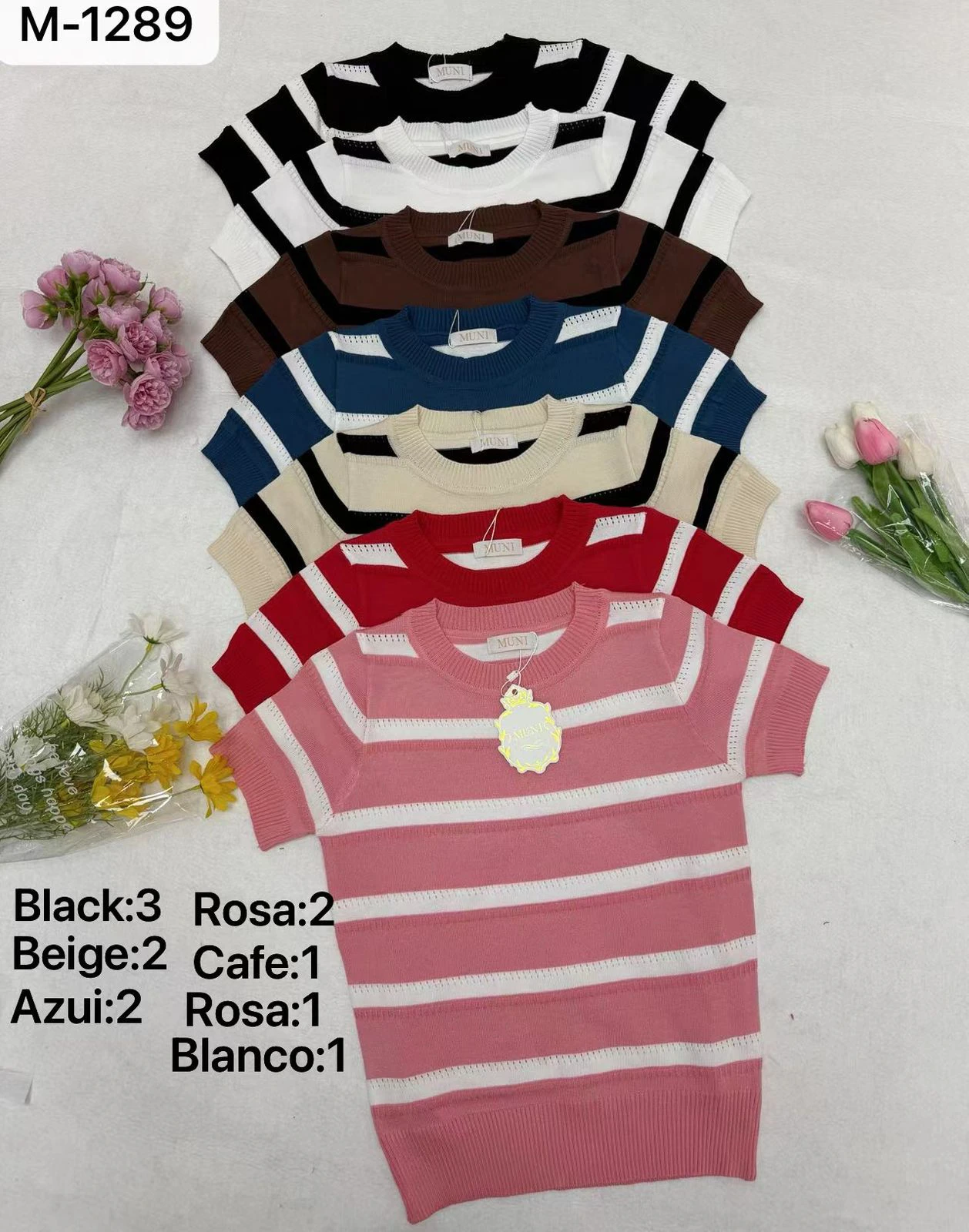 Blusa de punto de manga corta con rayas-M-1289