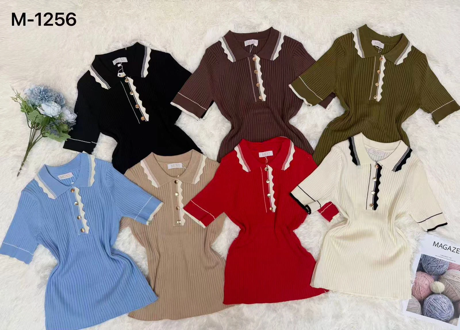 Blusas Tejidas con Cuello Polo y Solapa Ondulada-M-1256