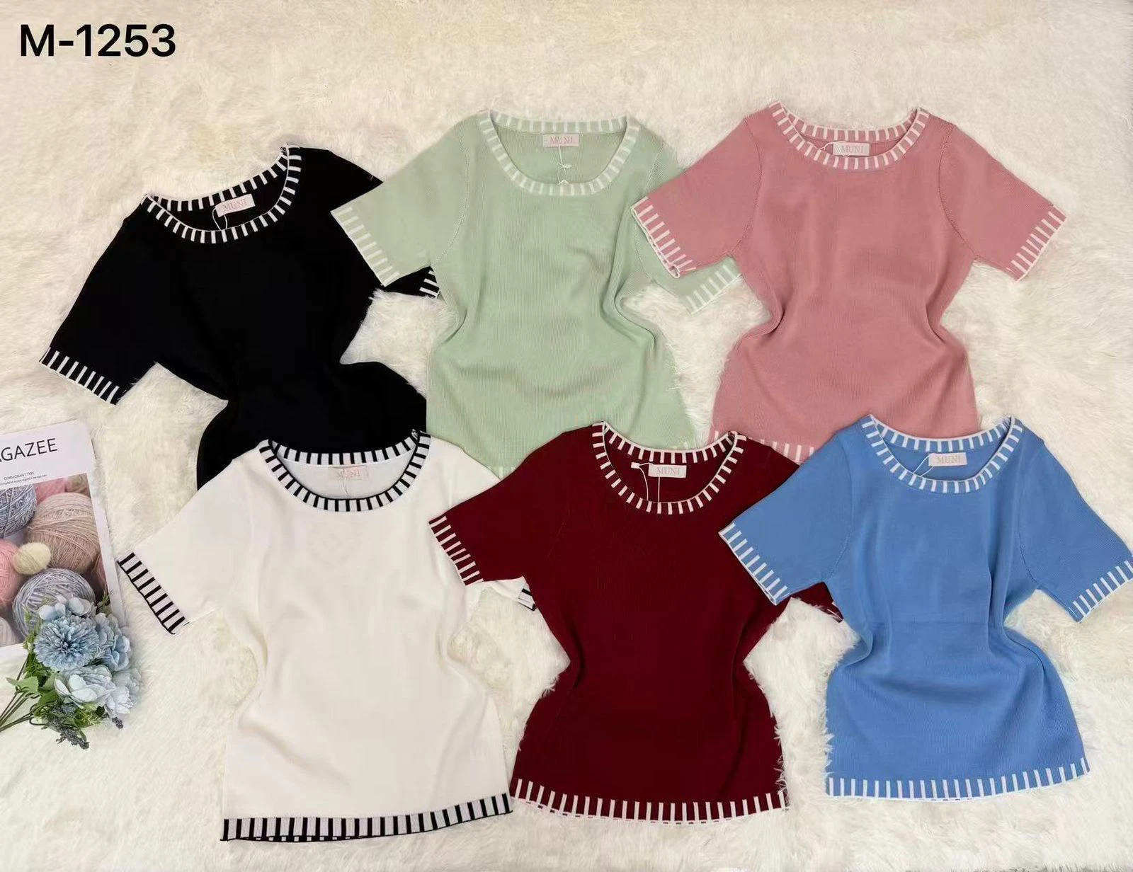 Camiseta de punto de manga corta con ribete contrastante-M-1253