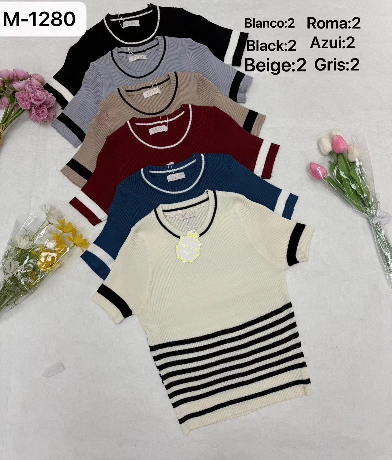 Blusa de manga corta acanalado-M-1280