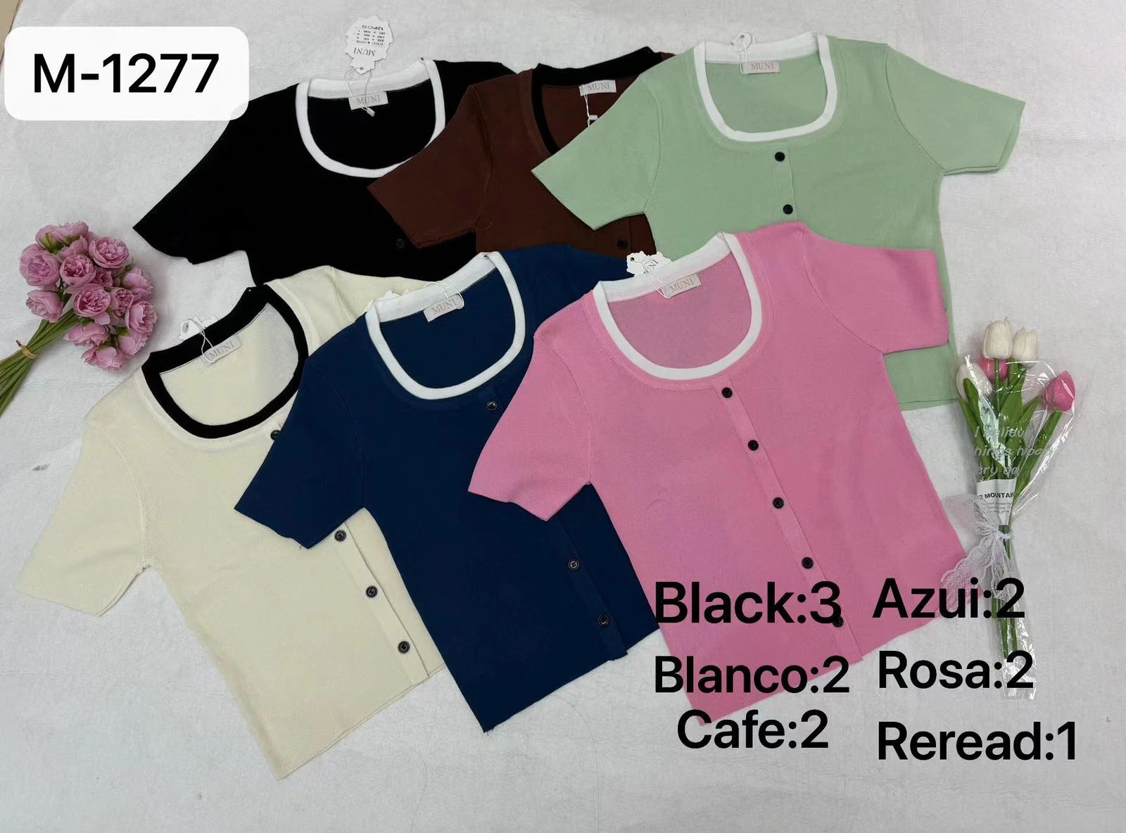 Blusa de punto con manga corta y botones-M-1277