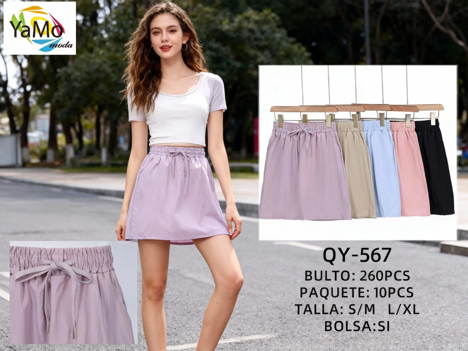 Falda casual con cordón en la cintura-QY567