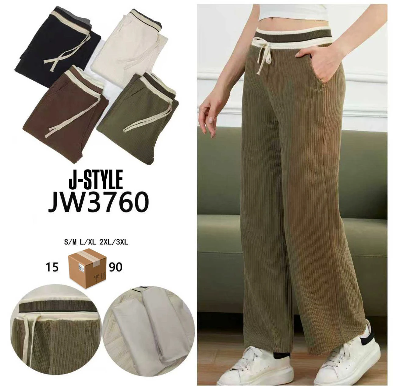 Pantalón acanalado con cintura elástica-JW3760
